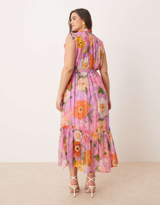 Hope & Ivy Plus - Hoogsluitende midi jurk met ruches en gestrikte taille in roze met print, 3 van 4
