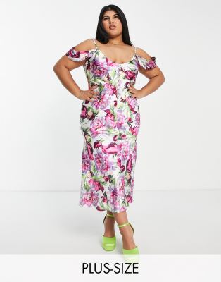 Hope & Ivy Plus Kerry off shoulder printed dress in pink