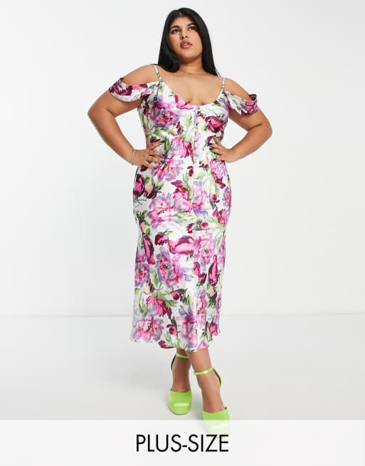 Hope & Ivy Plus Kerry off shoulder printed dress in pink | ASOS