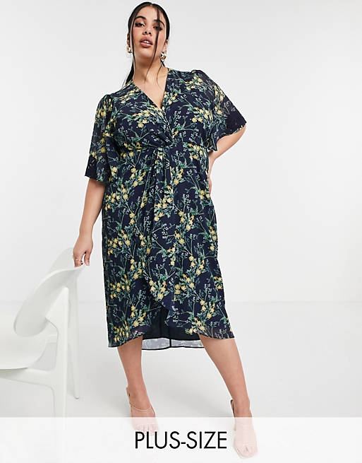 Dresses Hope & Ivy Plus kimono knot front midi dress in navy floral 
