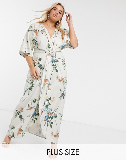 Hope & Ivy Plus kimono maxi dress in swallow floral print