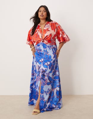 knot front kimono inspired maxi dress in red and blue contrast