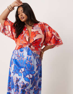 Hope & Ivy Plus Knot Front Kimono Inspired Maxi Dress In Red