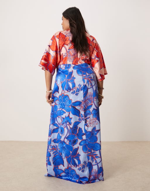 Hope & Ivy Plus knot front kimono maxi dress in red and blue contrast, 4 of 4