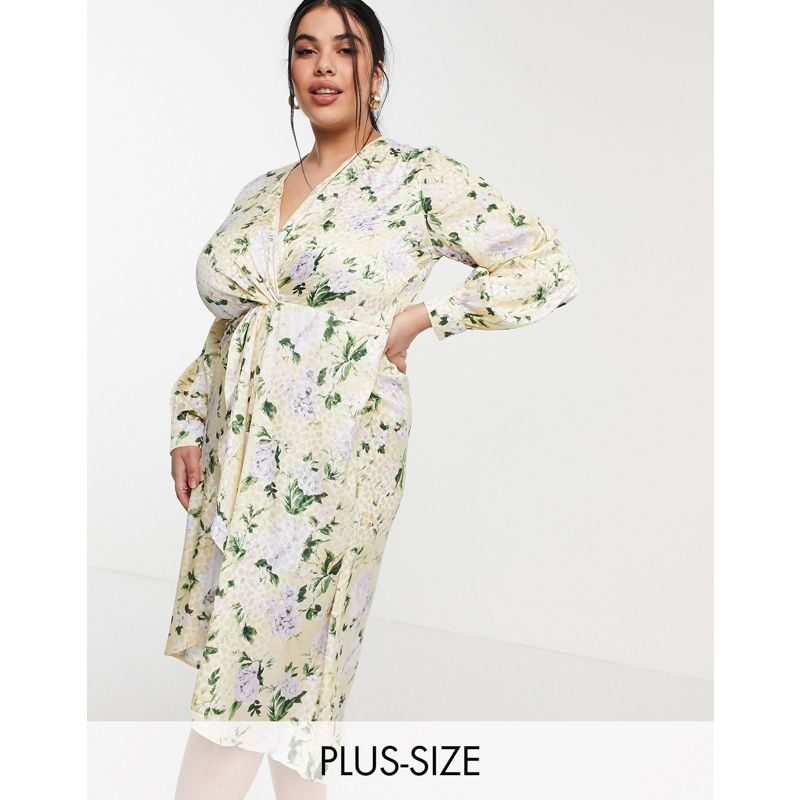 Hope & Ivy Plus – Langärmliges Kimono-Midikleid mit gelbem Blumenmuster und Twistdetail