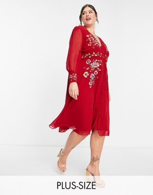 Hope & Ivy Plus long sleeve embroidered midi tea dress in red