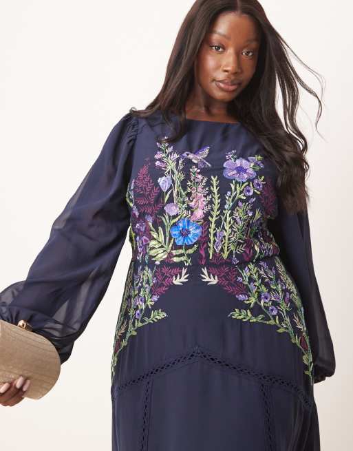 Hope & Ivy Plus - Marineblå midikjole med høj hals, blouson-ærmer og udsmykning, 4 af 4