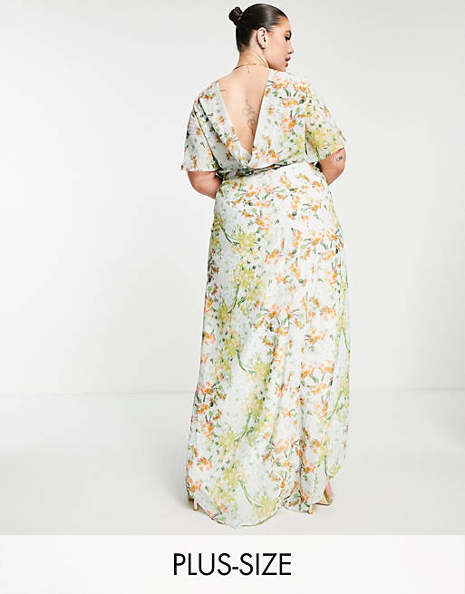 Hope & Ivy - Plus - Maxi-jurk met gedrapeerde achterkant en split met bloemenprint in saliegroen