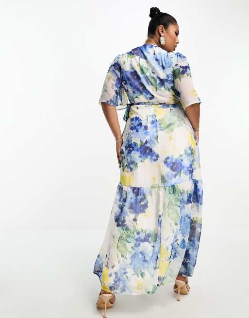 Hope & Ivy Plus - Maxi jurk met ruches en overslag in blauwe bloemenprint, 2 van 4
