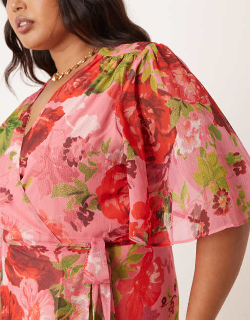 Hope & Ivy - Plus - Maxi-wikkeljurk met fladdermouwen en gestrikte taille in rood multi, 3 van 4