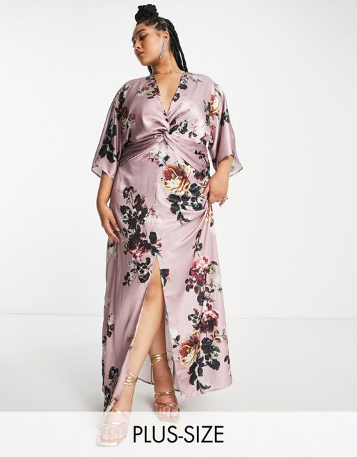 Hope & Ivy Plus – Maxikleid aus Satin in Malve mit Kimono-Ärmeln