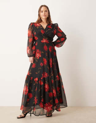 Hope & Ivy Plus - Maxikleid in Schwarz mit rotem Blumenmuster und Wickeldesign auf der Vorderseite