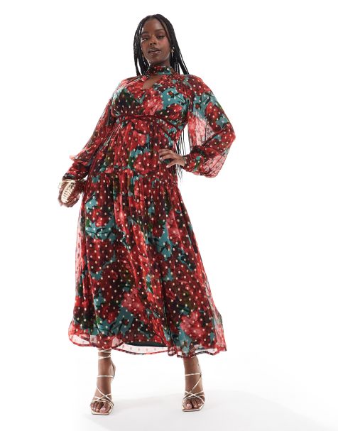 Hope & Ivy Plus midaxi dress in metallic textured mesh in red floral - view 1