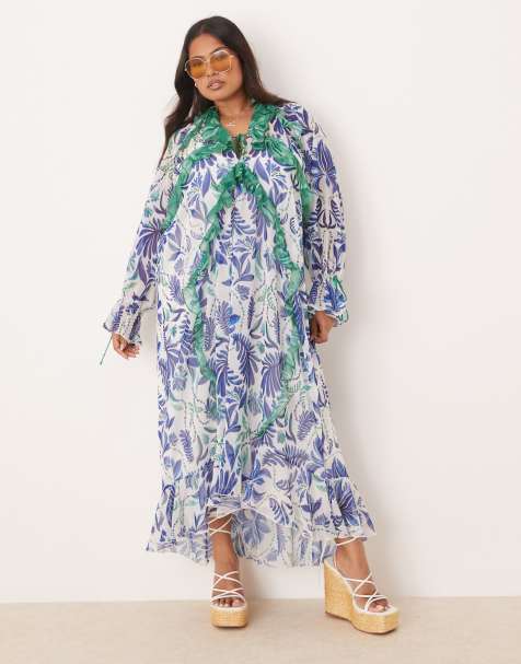 Hope & Ivy Plus – Midaxikleid mit Palmenprint in Blau und Weiß und gerafftem Detail - view 1