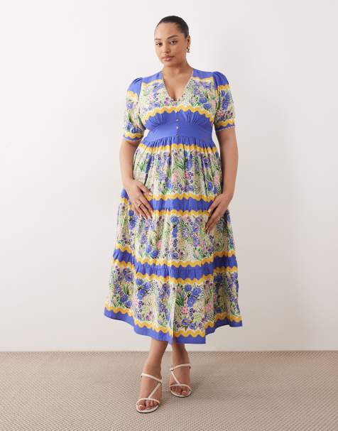 Hope & Ivy Plus – Midi-Hängerkleid mit Blumenmuster in Blau und Gelb, V-Ausschnitt und Puffärmeln - view 1