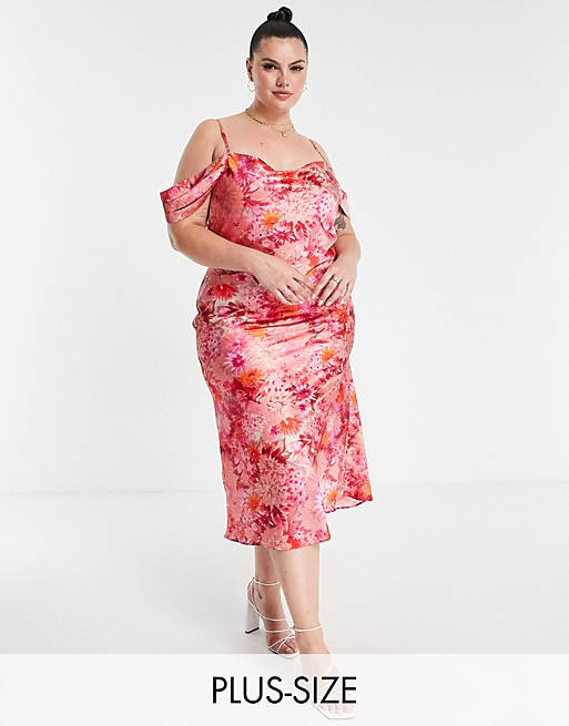 Hope & Ivy - Plus - Midi-jurk met blote schouders en bloemenprint in rood en roze