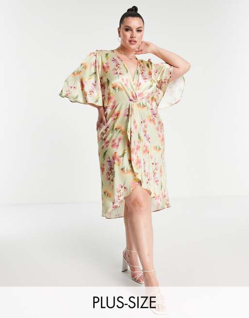 Hope & Ivy - Plus - Midi jurk met geknoopte voorkant en bloemenprint in saliegroen