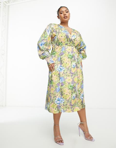 Hope & Ivy - Plus - Midi jurk met gestrikte overslag in geel met groene bloemenprint - view 1