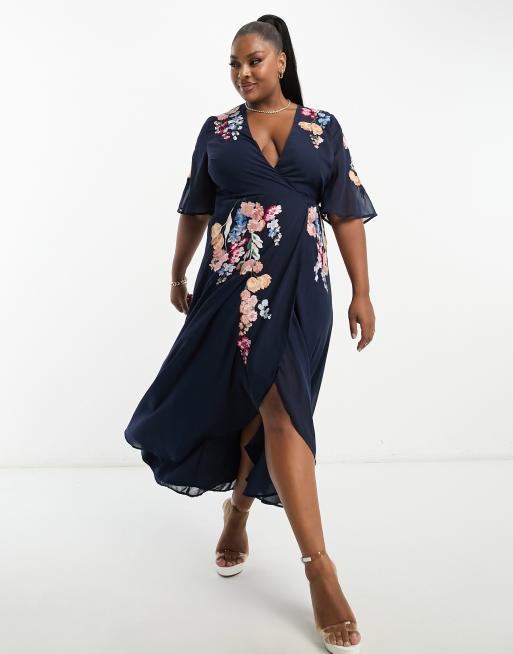 Hope & Ivy Plus - Midi-jurk met pofmouwen en geborduurde details in marineblauw