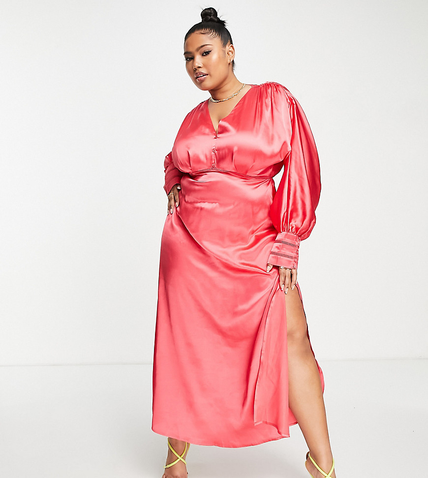 Hope & Ivy Plus Milly satin batwing midi dress in coral-Pink