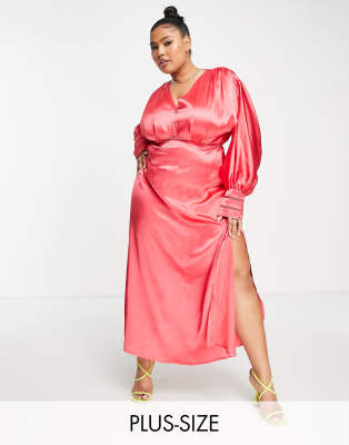 Hope & Ivy Plus - Milly - Vestito midi in raso color corallo con maniche ad ali di pipistrello