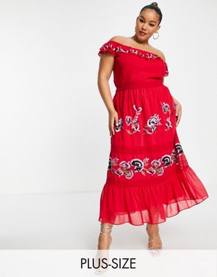 off shoulder embroidered midi dress in red-Multi