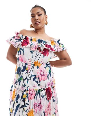 Hope & Ivy Plus Off Shoulder Maxi Dress With Shirred Detail In Bright Floral-multi