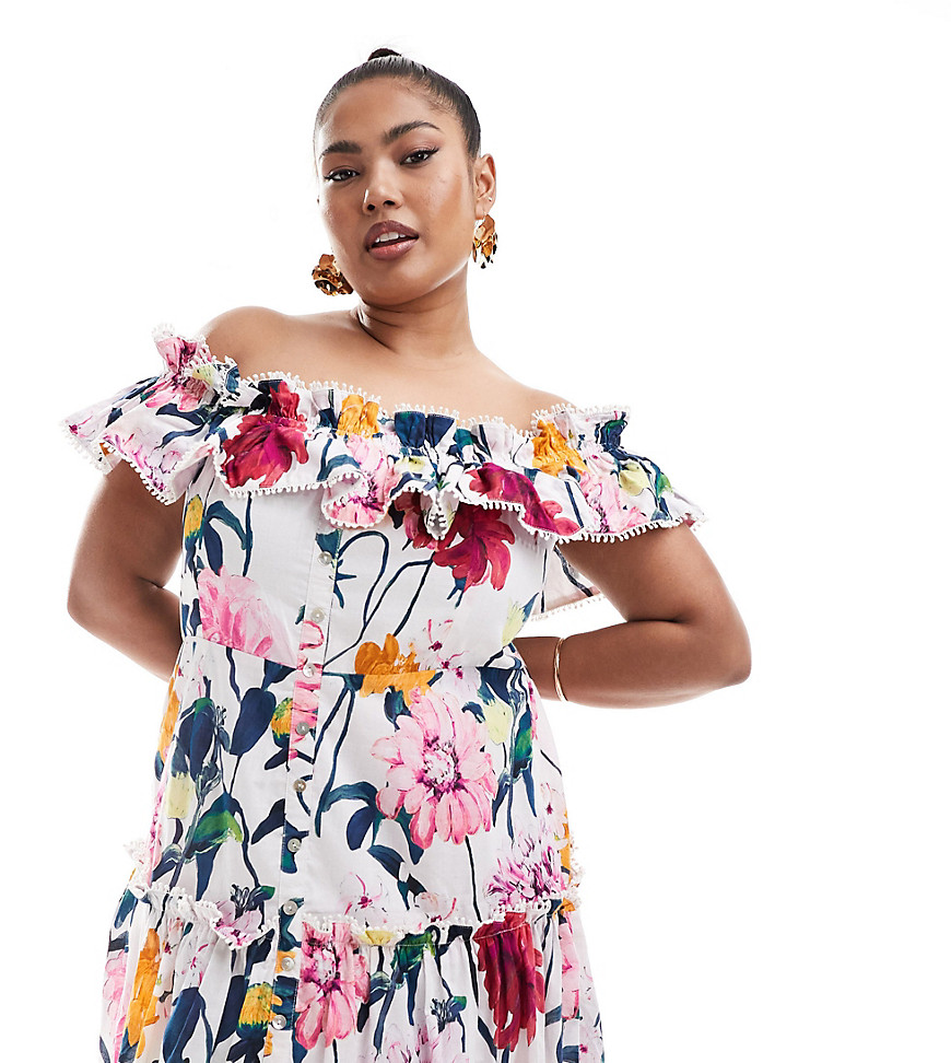 Hope & Ivy Plus off shoulder maxi dress with shirred detail in bright floral-Multi