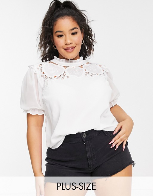 Hope & Ivy Plus oversized collar blouse with broderie in ivory