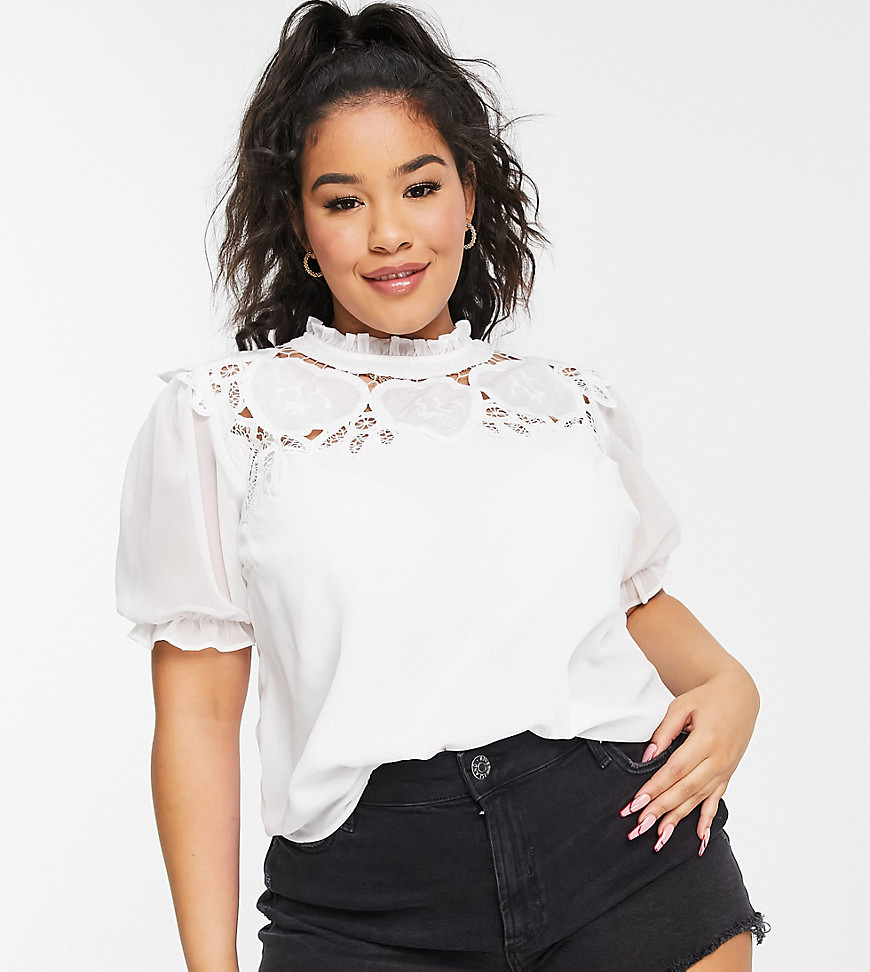 Hope & Ivy Plus oversized collar blouse with eyelet in ivory-White