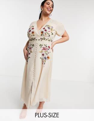 geborduurde ivoor diepuitgesneden jurk bloemen ausschnitt elfenbein freizeitkleid tiefem