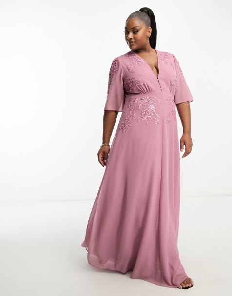 ASOS LUXE Curve drop pearl embellished maxi dress in blush pink