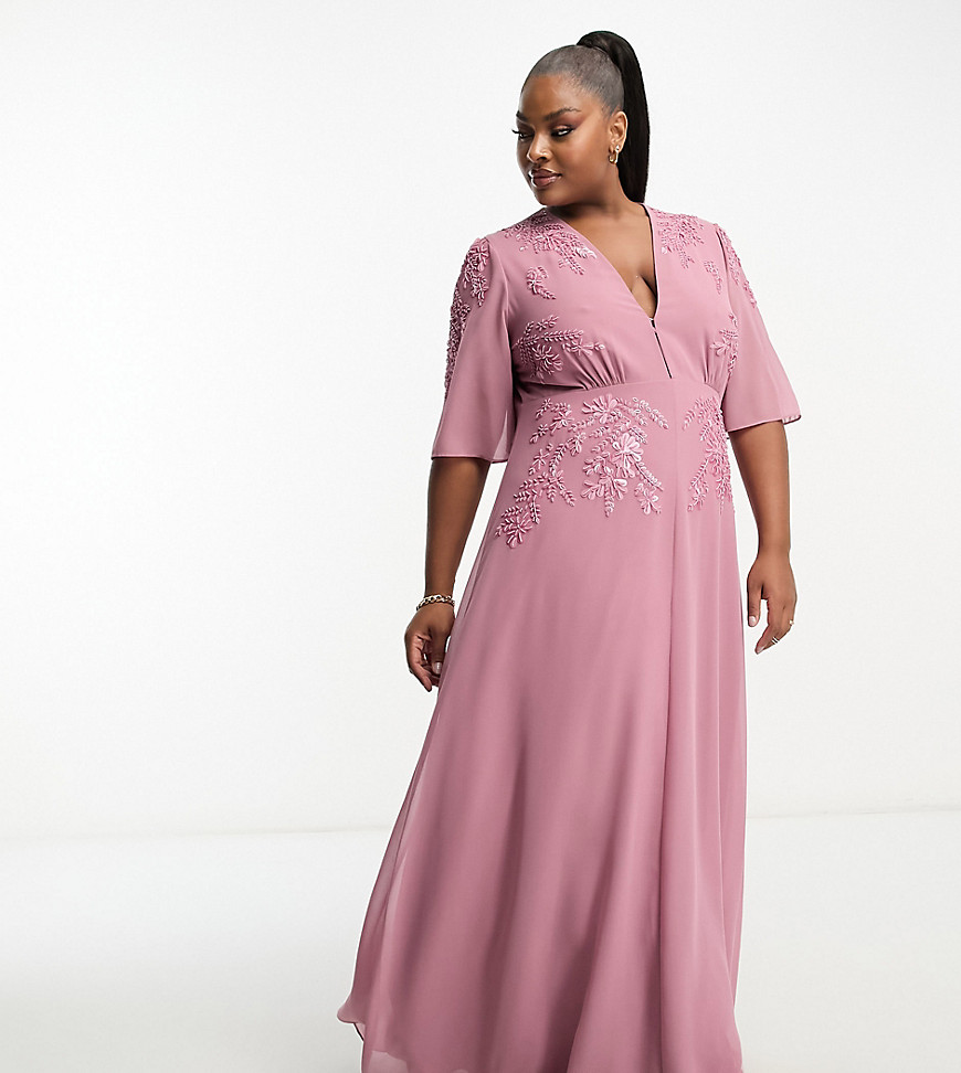 Hope & Ivy Plus plunge front embellished maxi dress in mauve-Pink