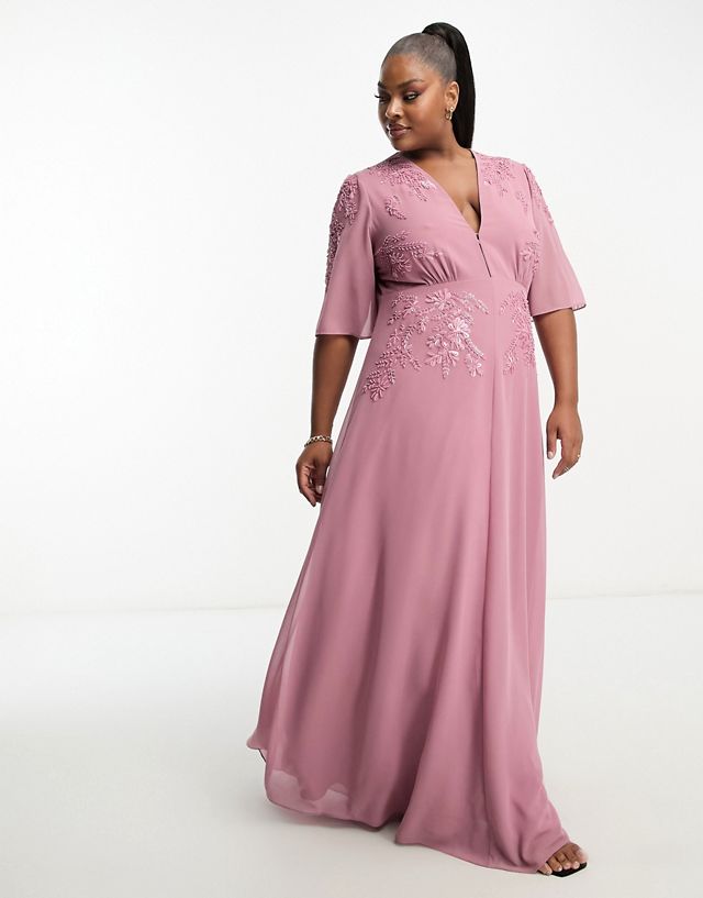 Hope & Ivy Plus plunge front embellished maxi dress in mauve