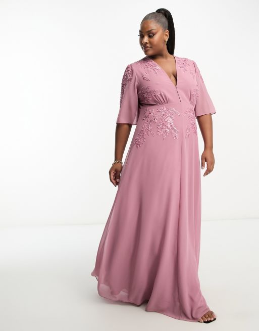 Hope & Ivy Plus plunge front embellished maxi dress in mauve | ASOS