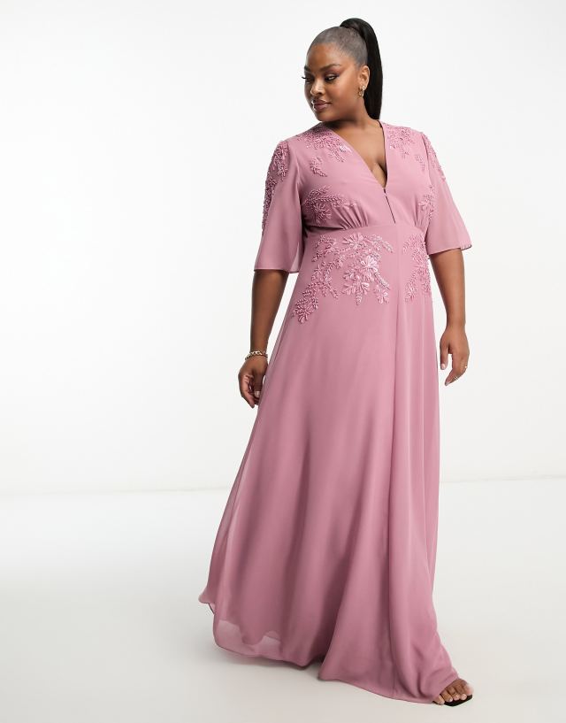 Hope & Ivy Plus plunge front embellished maxi dress in mauve