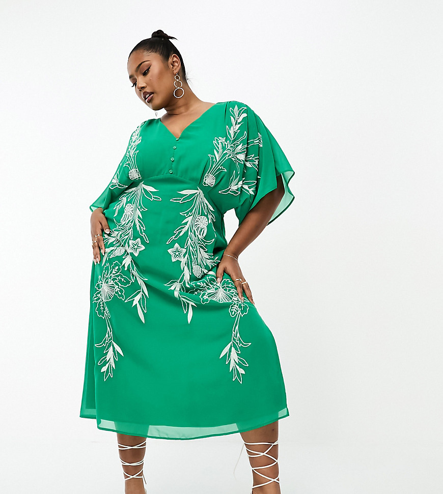 Hope & Ivy Plus plunge front embroidered midi dress in green