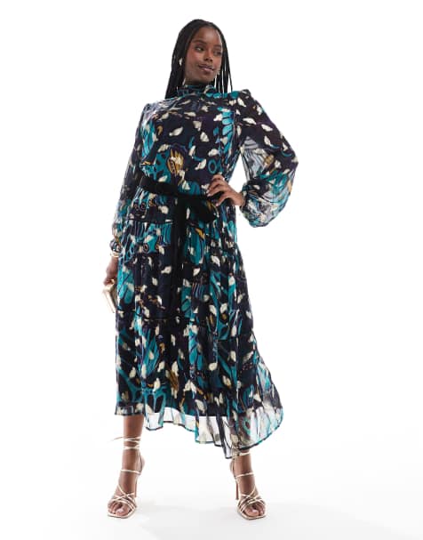Hope & Ivy Plus premium printed maxi dress with velvet belt and gold fleck in teal  