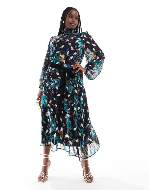 Hope Ivy Plus premium printed maxi dress with velvet belt and gold fleck in teal ASOS