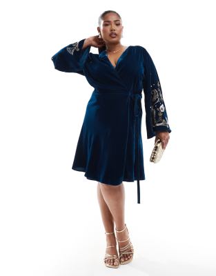 premium velvet wrap mini dress with embellished sleeve detail in teal-Blue