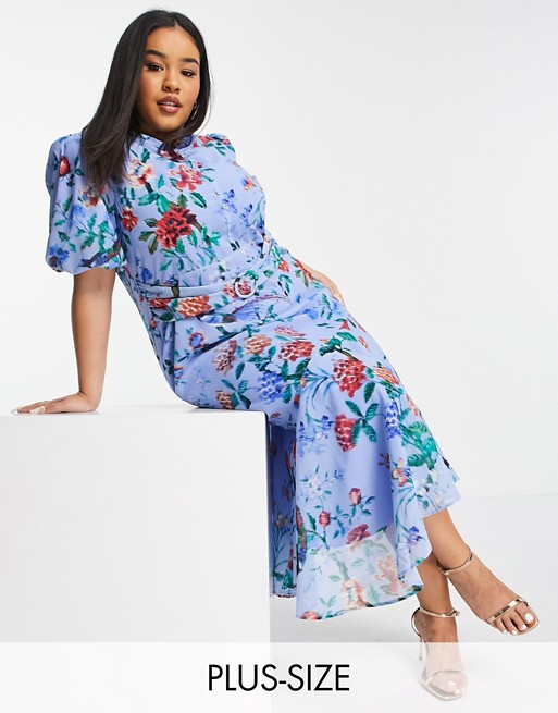 Hope & Ivy Plus puff sleeve asymmetric belted midi dress in bright blue poppy print