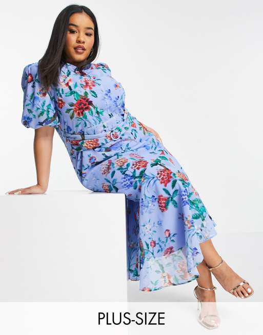 Hope Ivy Plus puff sleeve asymmetric belted midi dress in bright blue poppy print