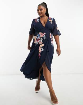 Hope & Ivy Plus Hope & Ivy Plus puff sleeve embroidered midi dress in navy-Multi