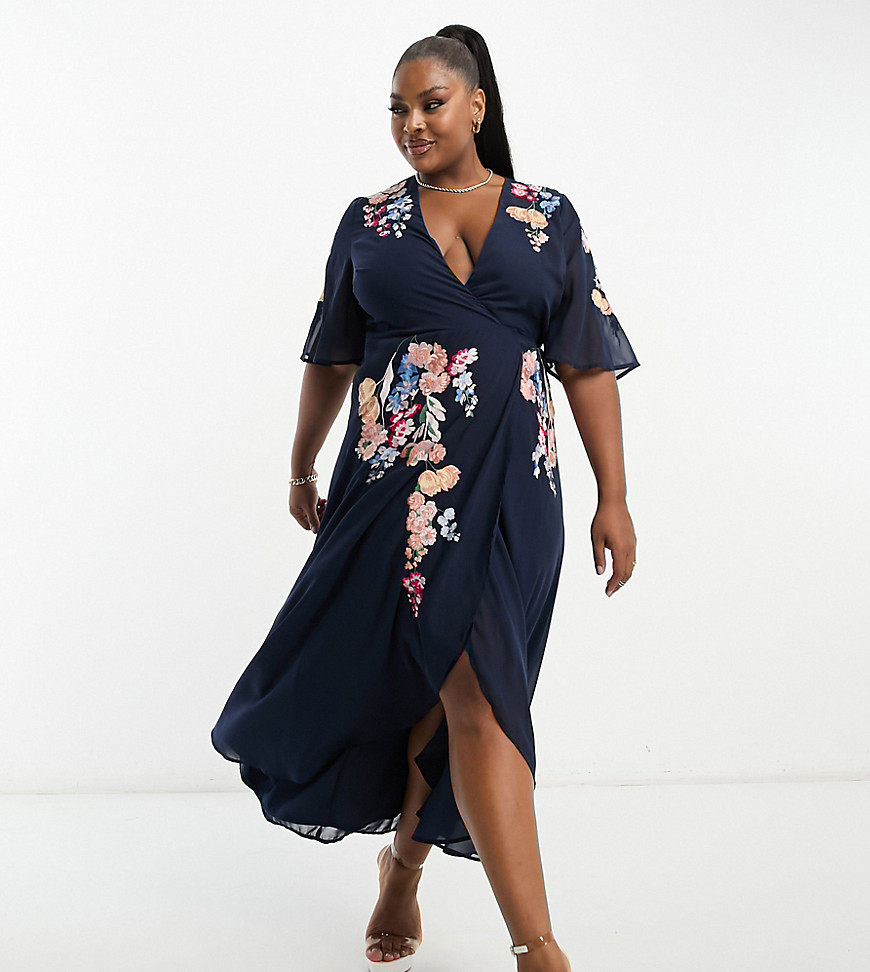 Hope & Ivy Plus Puff Sleeve Embroidered Midi Dress In Navy-multi