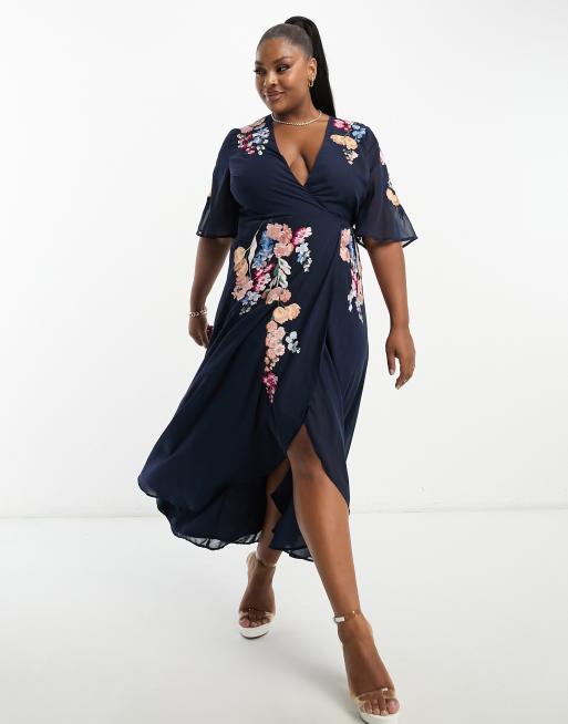 Hope Ivy Plus puff sleeve embroidered midi dress in navy