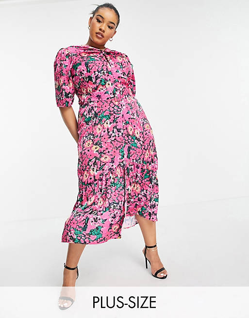 Hope & Ivy Plus puff sleeve midi dress in bright fuchsia pink floral print