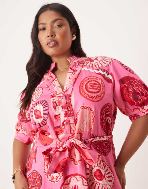 Hope & Ivy Plus puff sleeve midi shirt dress in pink beach print