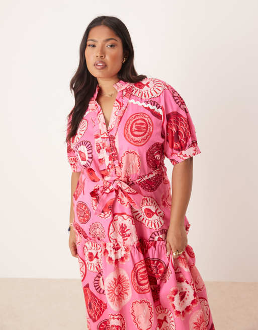 Hope & Ivy Plus puff sleeve midi shirt dress in pink beach print | ASOS