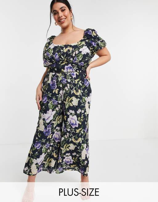 Hope & Ivy Plus puff sleeve wide leg jumpsuit in navy based floral | ASOS