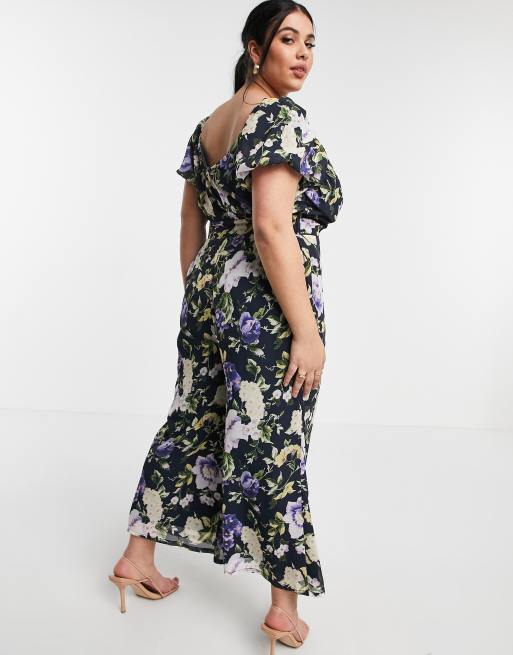 Hope & Ivy Plus puff sleeve wide leg jumpsuit in navy based floral, 2 of 4